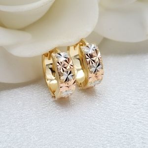 Solid 14k Tricolor Gold Shiny Huggies Earrings - 15mm
